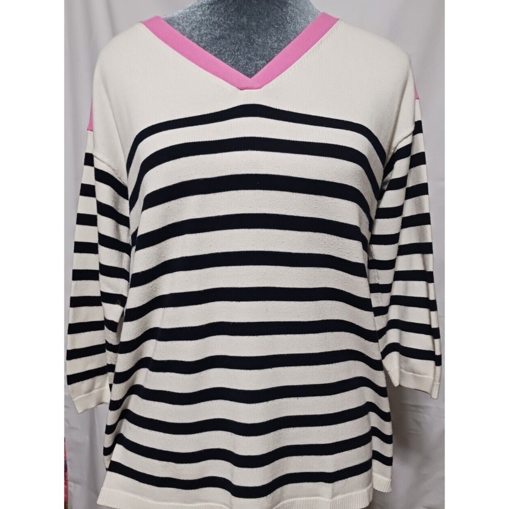 Talbots Ladies Pink/Black Striped Pullover 3/4 Sleeve Sweater Size M NWOT